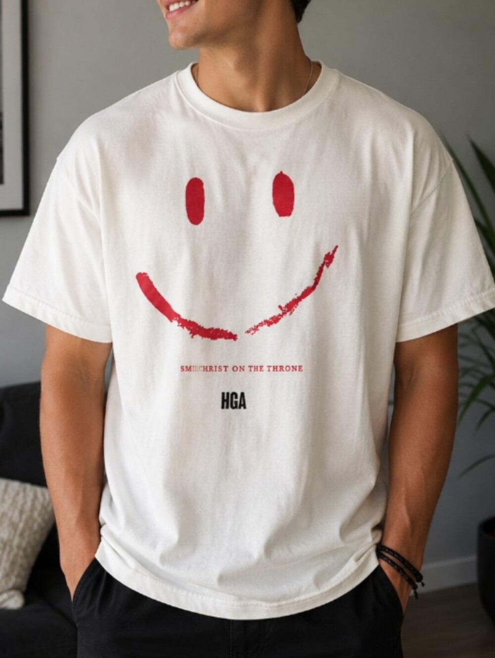 Graphic White Tee "Smile Christ on the Throne" Red Smiley Face Faith Based XL